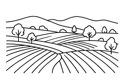 black on white linear - country with hills and fields and trees